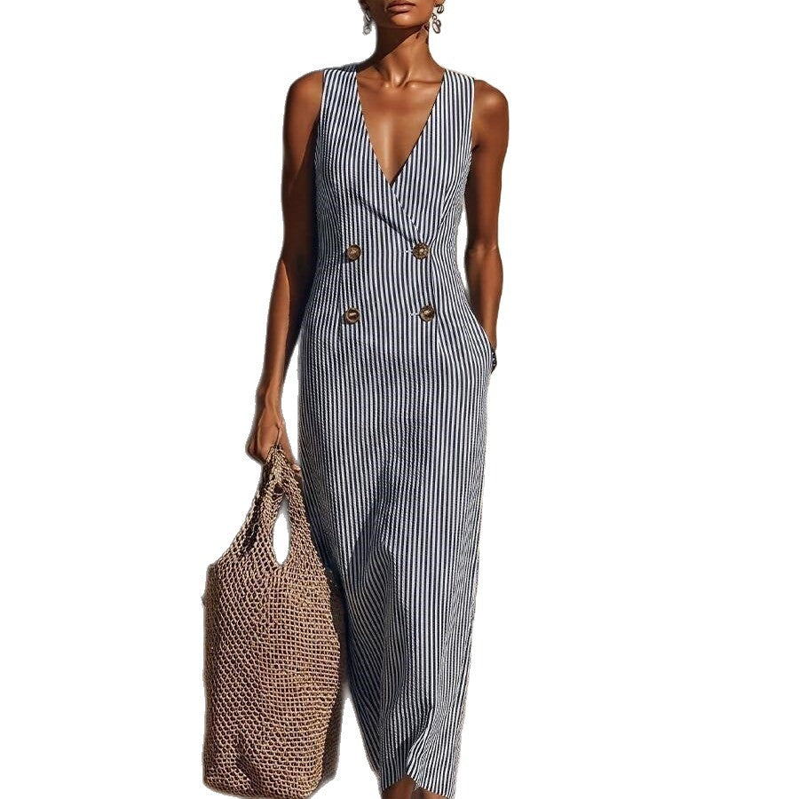 Women's Striped Button Fashion Long Exquisite Refined Dress
