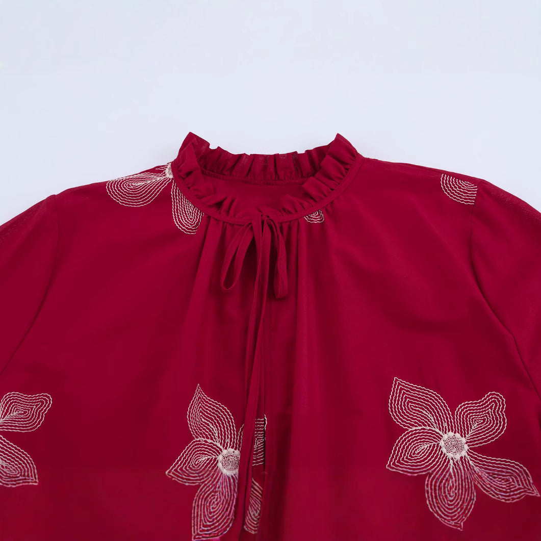 Women's Spring Long Sleeve Loose Embroidered Shirt Blouses