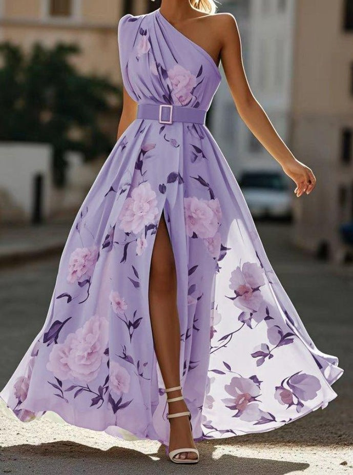 Women's Oblique Shoulder Digital Printing Sleeveless Belt Dresses