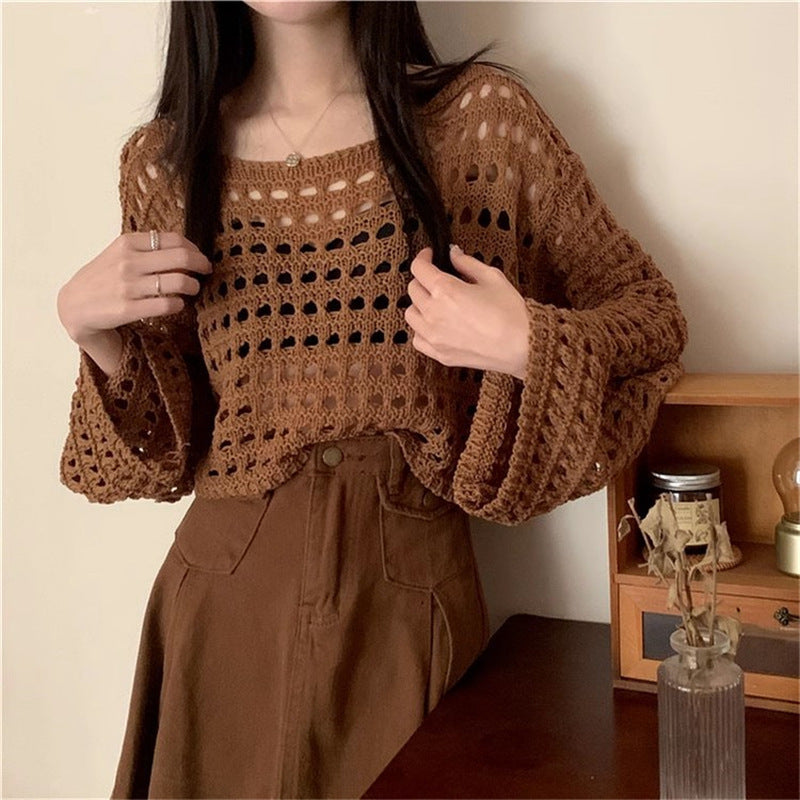 Women's Bell Sleeve Air Conditioning Shirt Hollow Thin Breathable Mesh Knitted Blouses