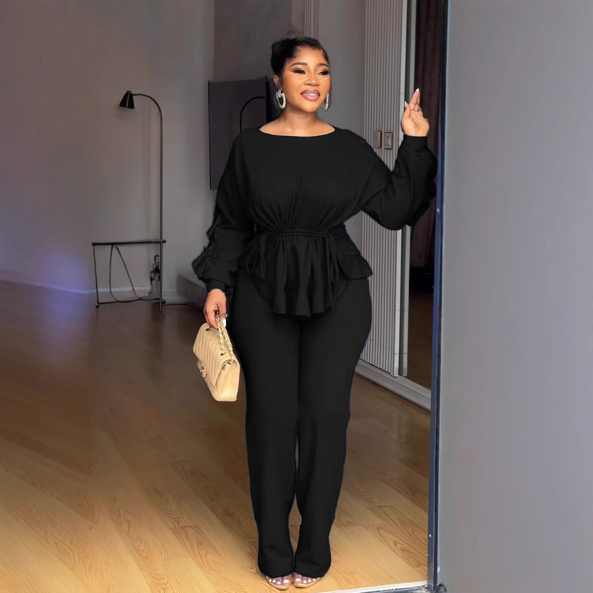 Women's Graceful Lace Drawstring Long Sleeve Trousers Suits