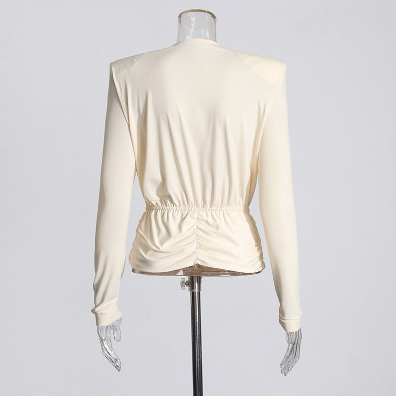 Women's Swing Collar Padded Shoulder Pleating Slim Slimming Blouses