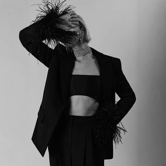 Lapel Slimming Niche Black Casual Rhinestone Furry Trousers Suits