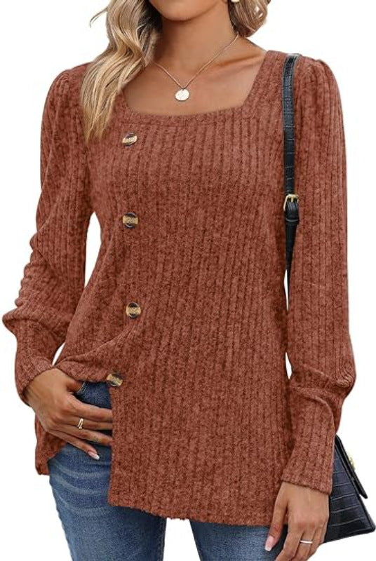 Women's Sunken Stripe Square Collar Bubble Long Sleeve Split Sweater