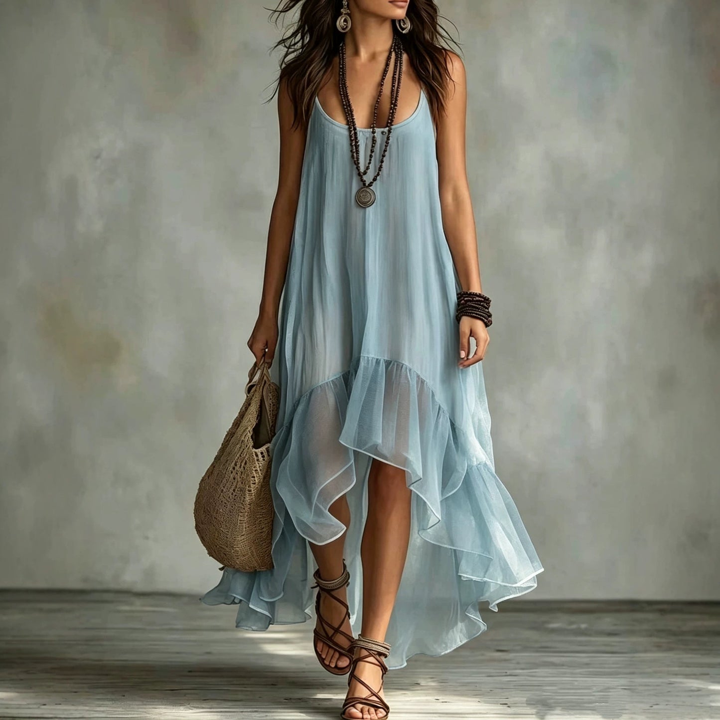 Hours Solid Color Sling Summer Casual Light Thin Mid-length Dress