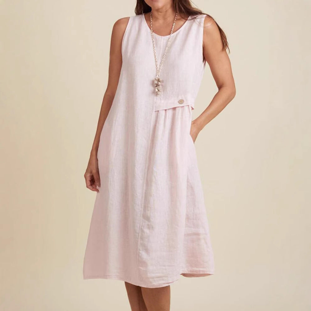 Women's Summer Button Pocket Sleeveless Round Neck Cotton Dress