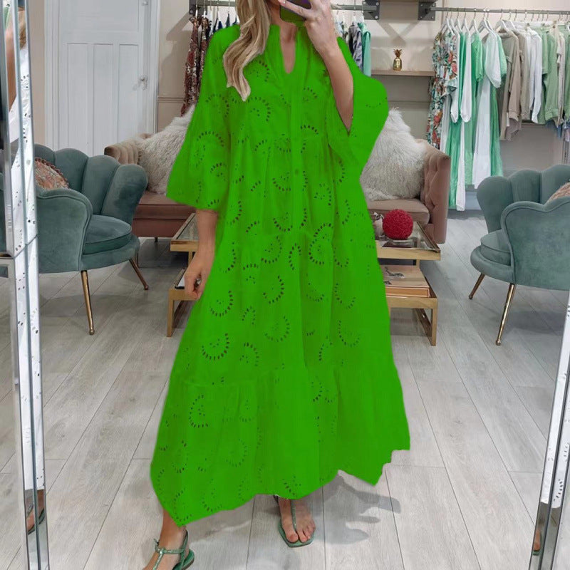 Women's Style Bell Sleeve Lace Solid Color Sexy Long Dresses