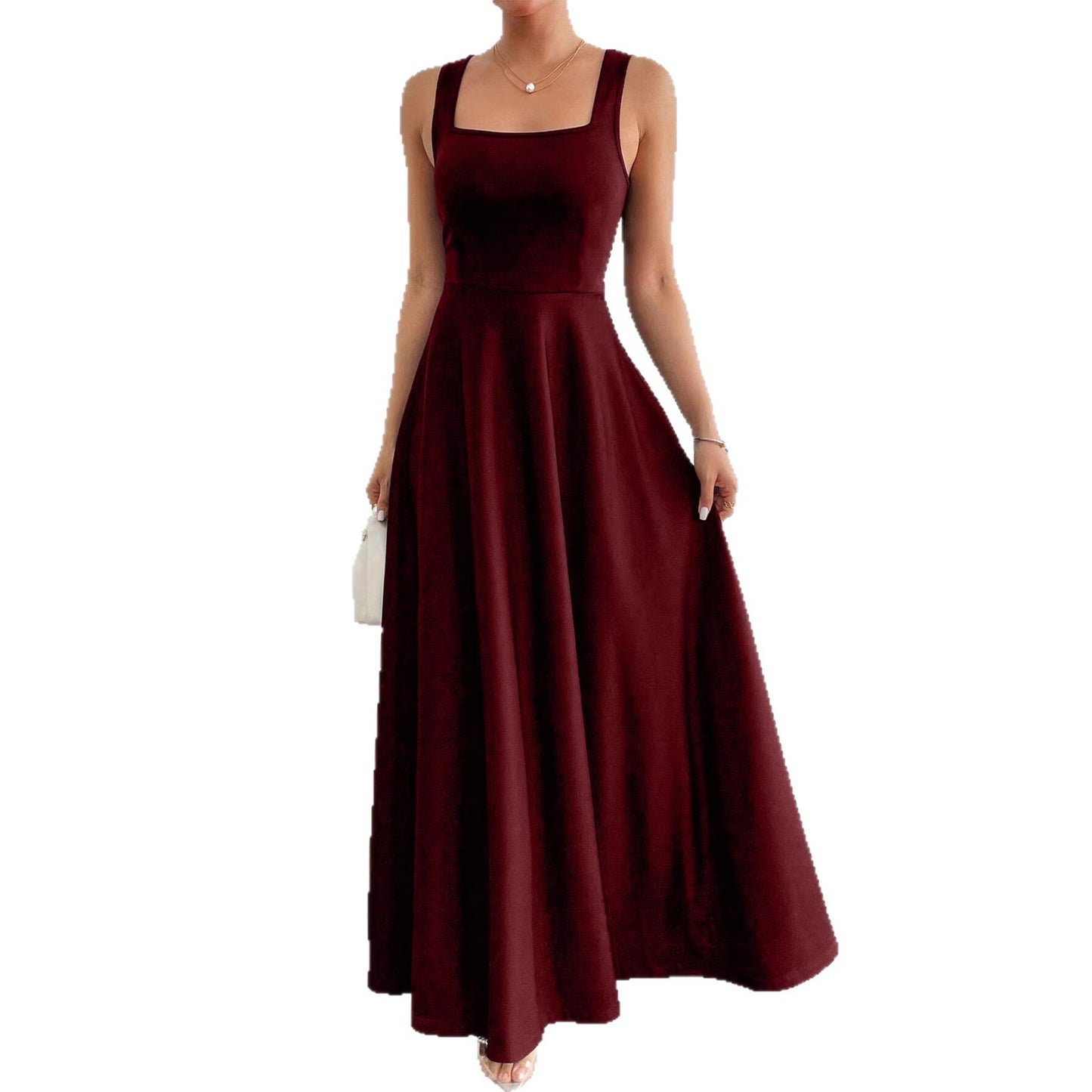 Women's Elegant Square Collar Sleeveless Solid Color Super Long Ladies Dress