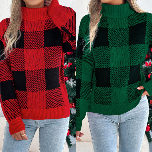 Women's Contrast Color Plaid Lantern Long Sleeve Turtleneck Sweater