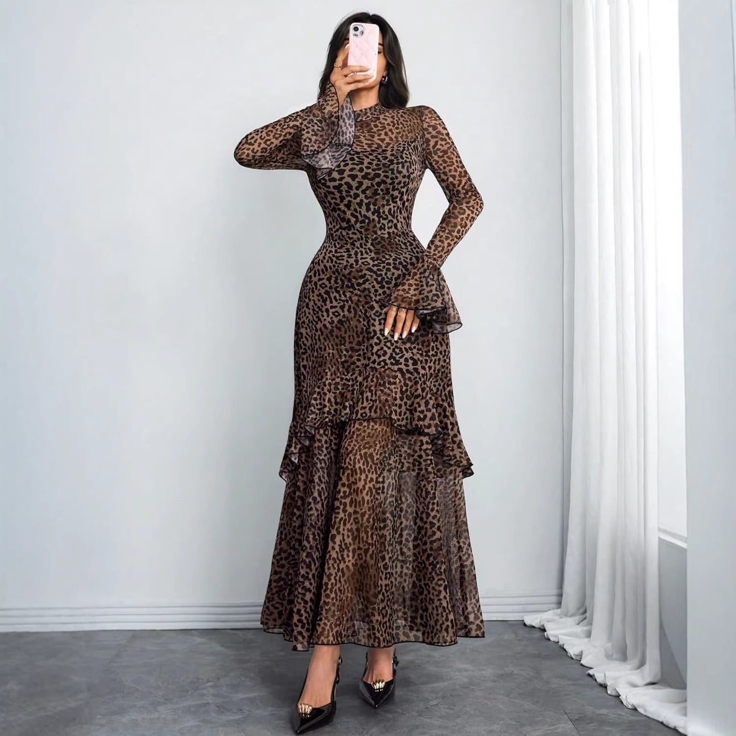 Women's Printed Black Ruffle Sleeve Plant Floral Print Dress