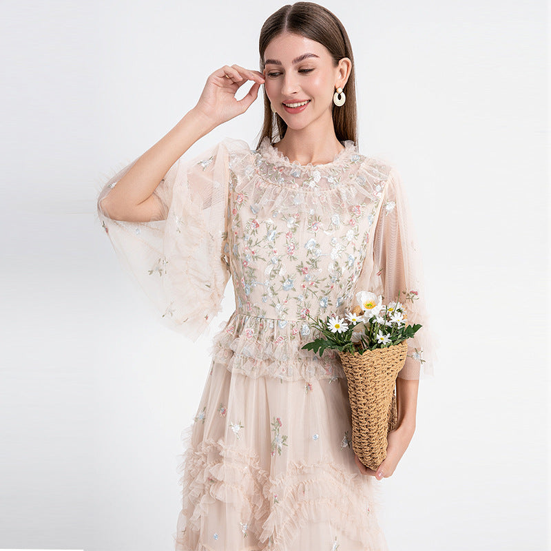 Women's Elegant Dress For French Embroidery Flower Mesh Dresses