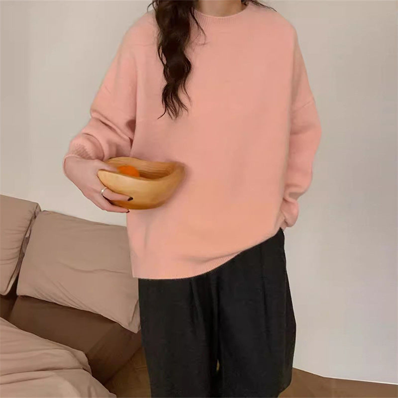 Women's Solid Color Casual Round Neck Pullover Outer Wear Korean Style Sweater
