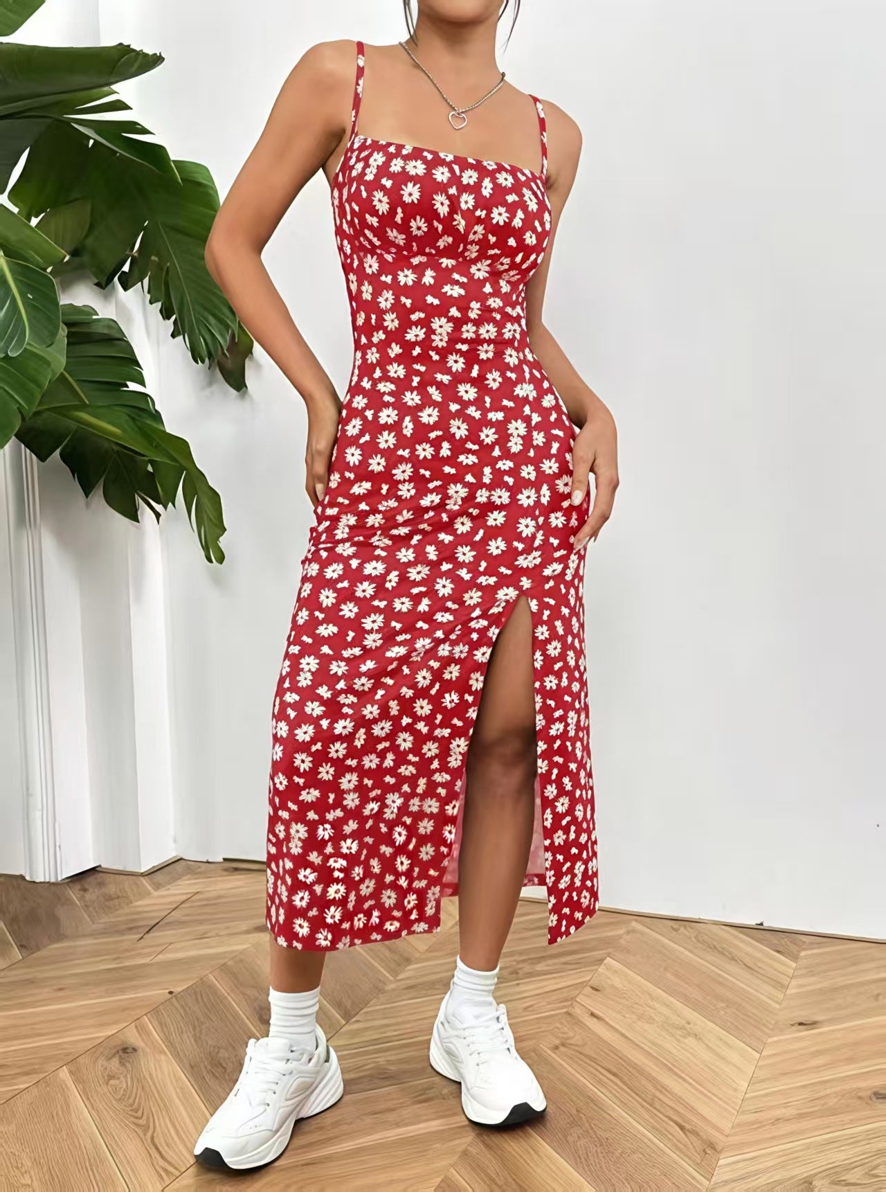 Women's Slit Daisy Blue White Porcelain Series Dress