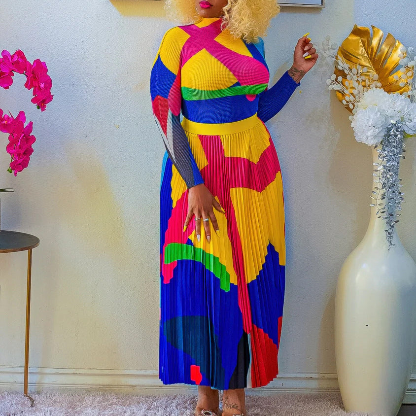 Autumn Pleated Print Contrast Color Long Sleeve Fashion Suits