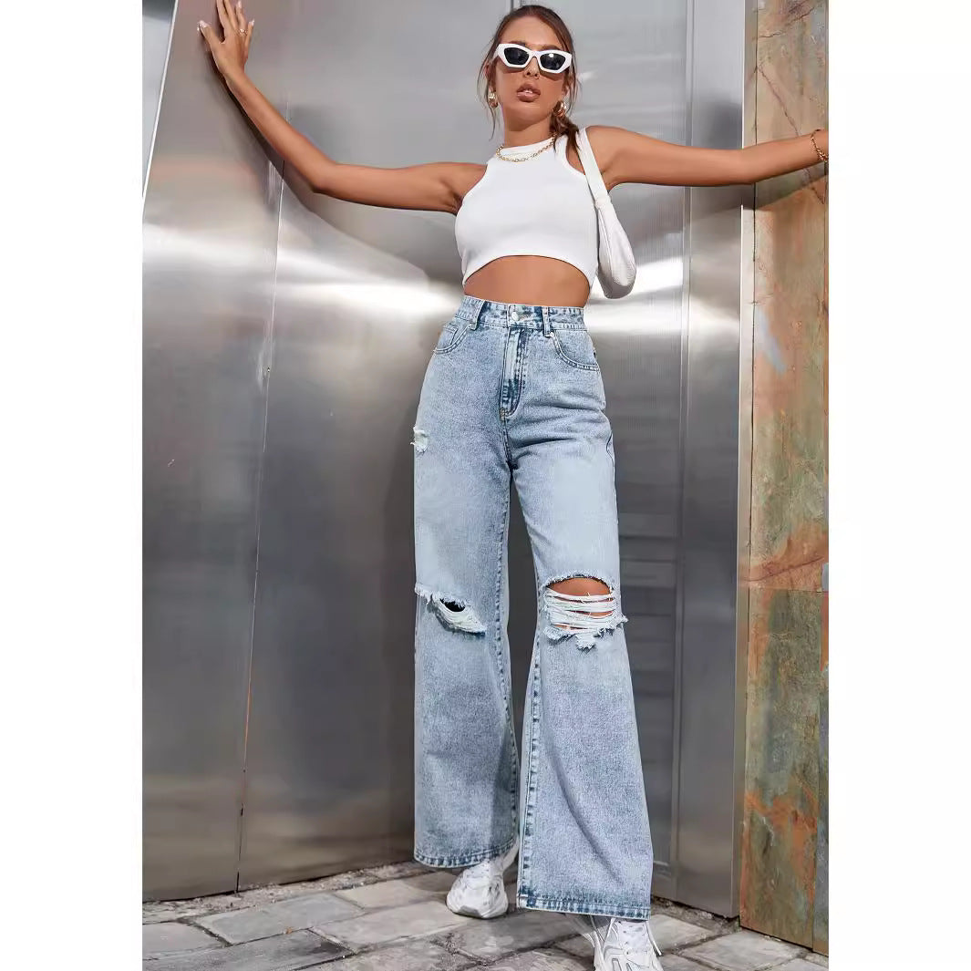 Women's Holes High Waist Wide Leg Casual Pants