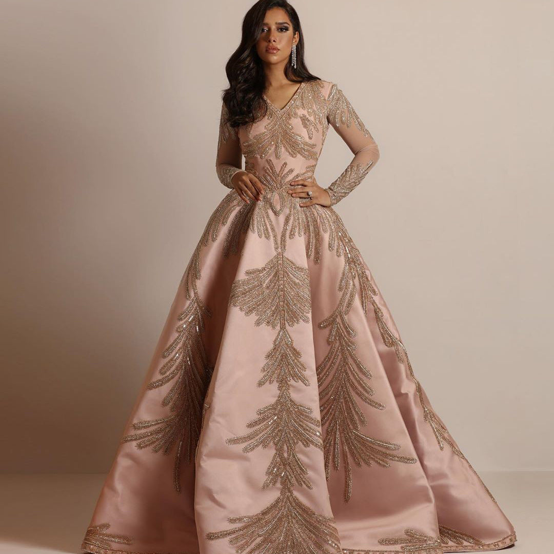 Women's Spring Glossy Silk Bronzing Long Sleeve Dress Wedding Dresses