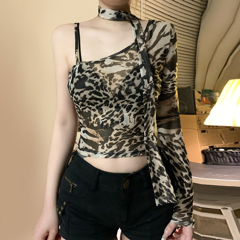 Light Leopard Print Mesh American Hot Street Sexy Blouses