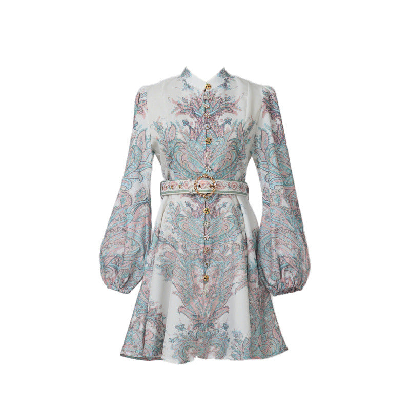 Design High Version Single-breasted Stand-up Collar Puff Sleeve Dresses