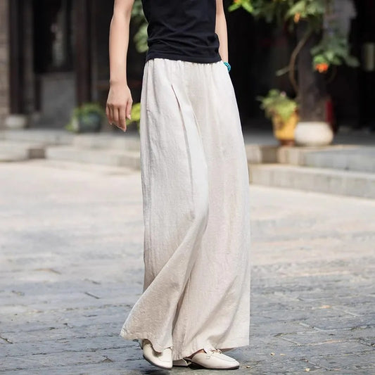 Women's Cotton Linen Trousers High Waist Straight Solid Pants