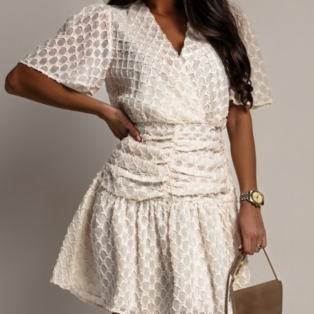 Color Waist Trimming Short-sleeved Plaid Fashion Casual Dress