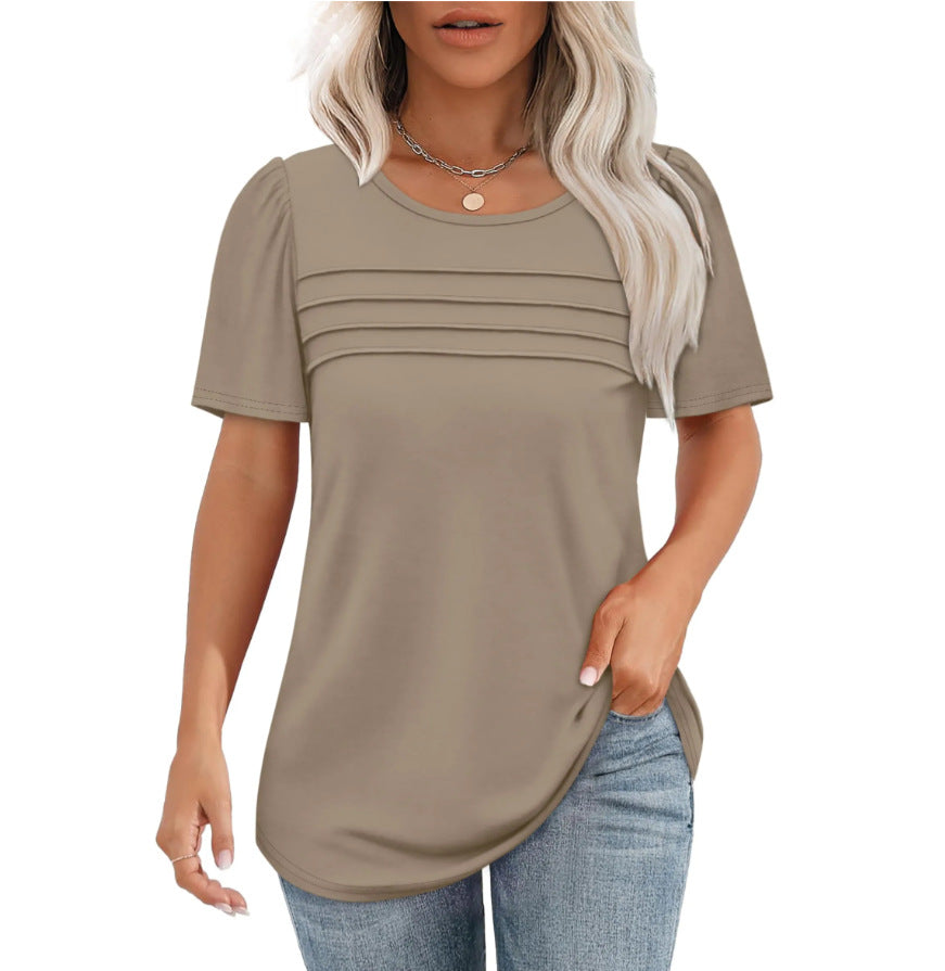 Women's Summer Round Neck Sleeve Chest Tuck Line Blouses