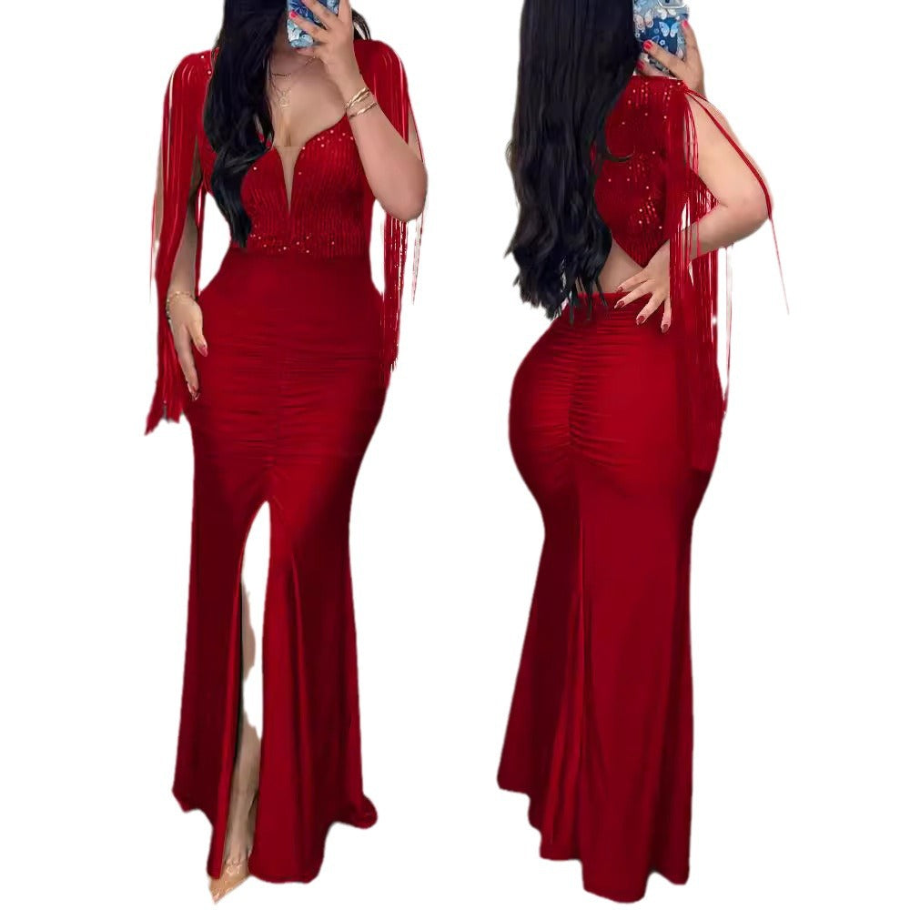 Sequin Sheath Sexy Crew Neck Split Fringe Dress