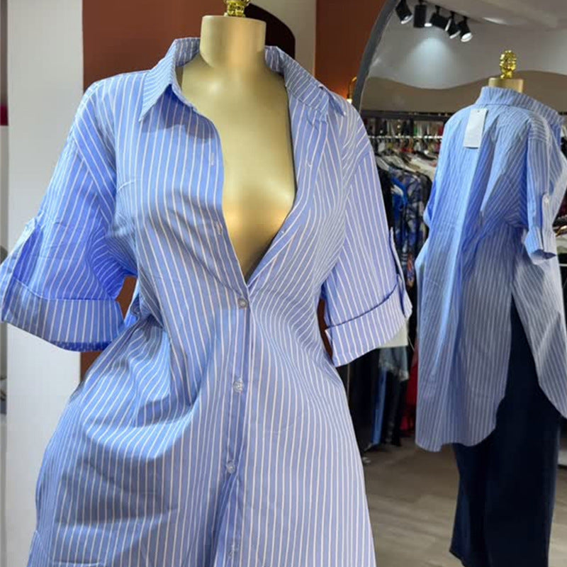 Women's Fashion Polo Collar Single-breasted Striped Short-sleeved Tops