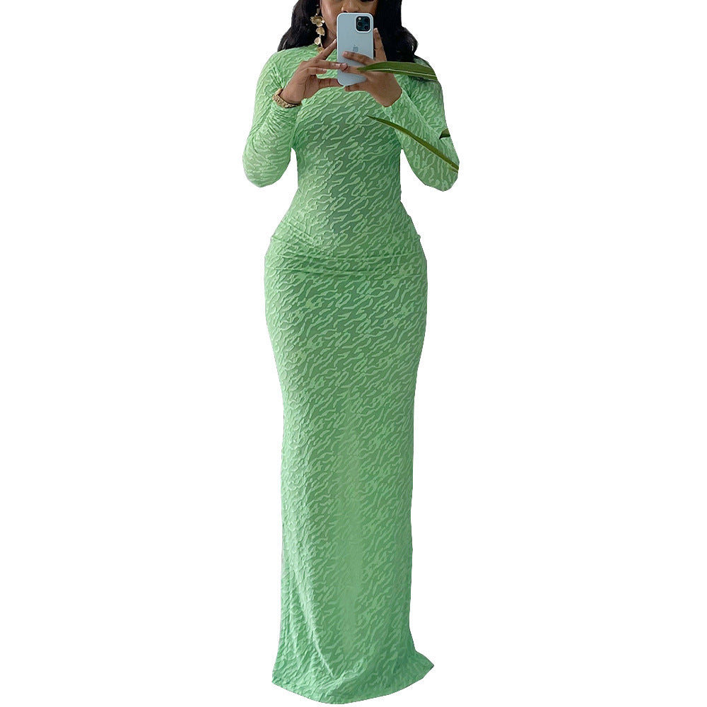 Women's Neck Long Sleeve Flocking Slim Fit Dresses