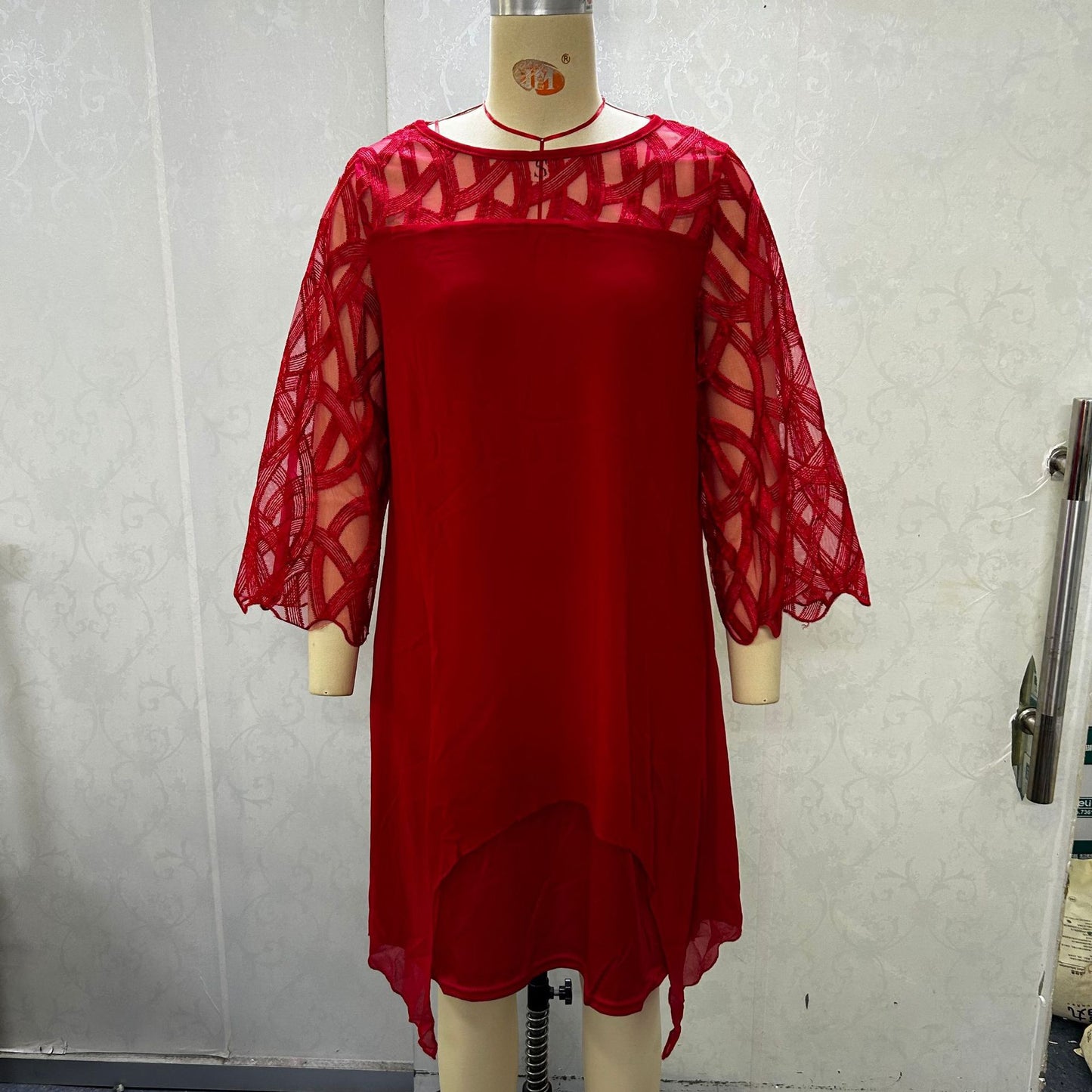 Lace Stitching Sleeve Irregular Hem Chiffon Dress