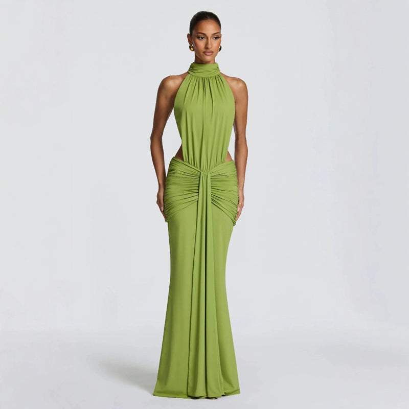 Women's Temperament Pure Color Banquet Long Sexy Backless Slim Fit Dress