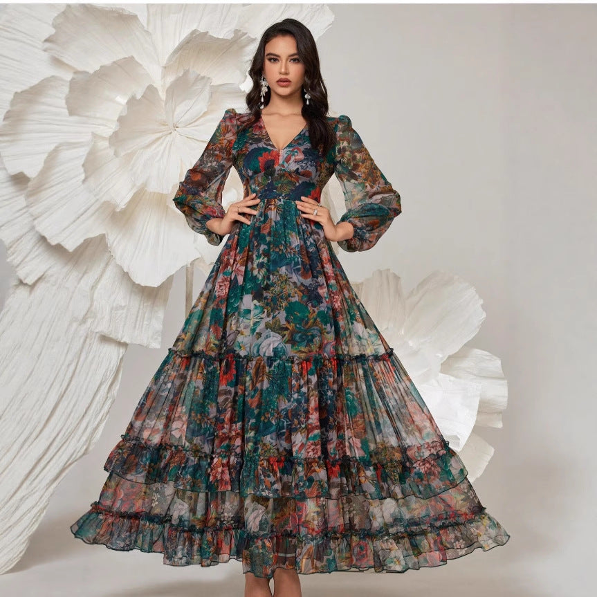 Style Retro Stand Collar Single-breasted Printed Wide Swing Dress