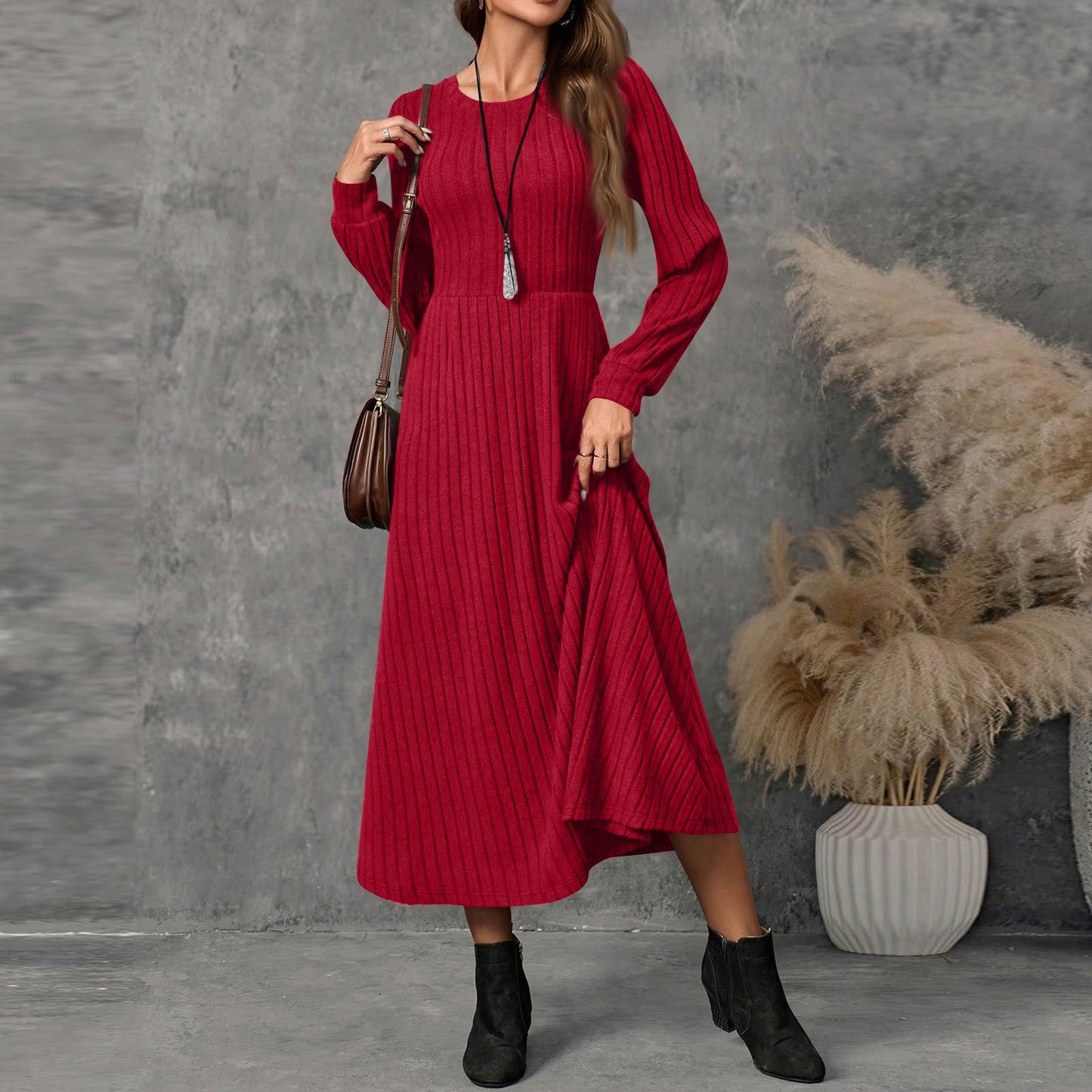 Ladies Fashion Round Neck Long Sleeve Solid Color Casual Sunken Dress