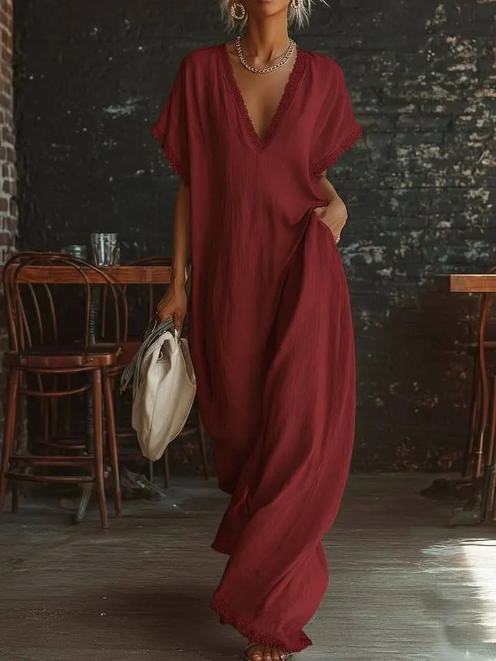 Women's Elegant Comfortable Lace Loose Linen Cotton Dress