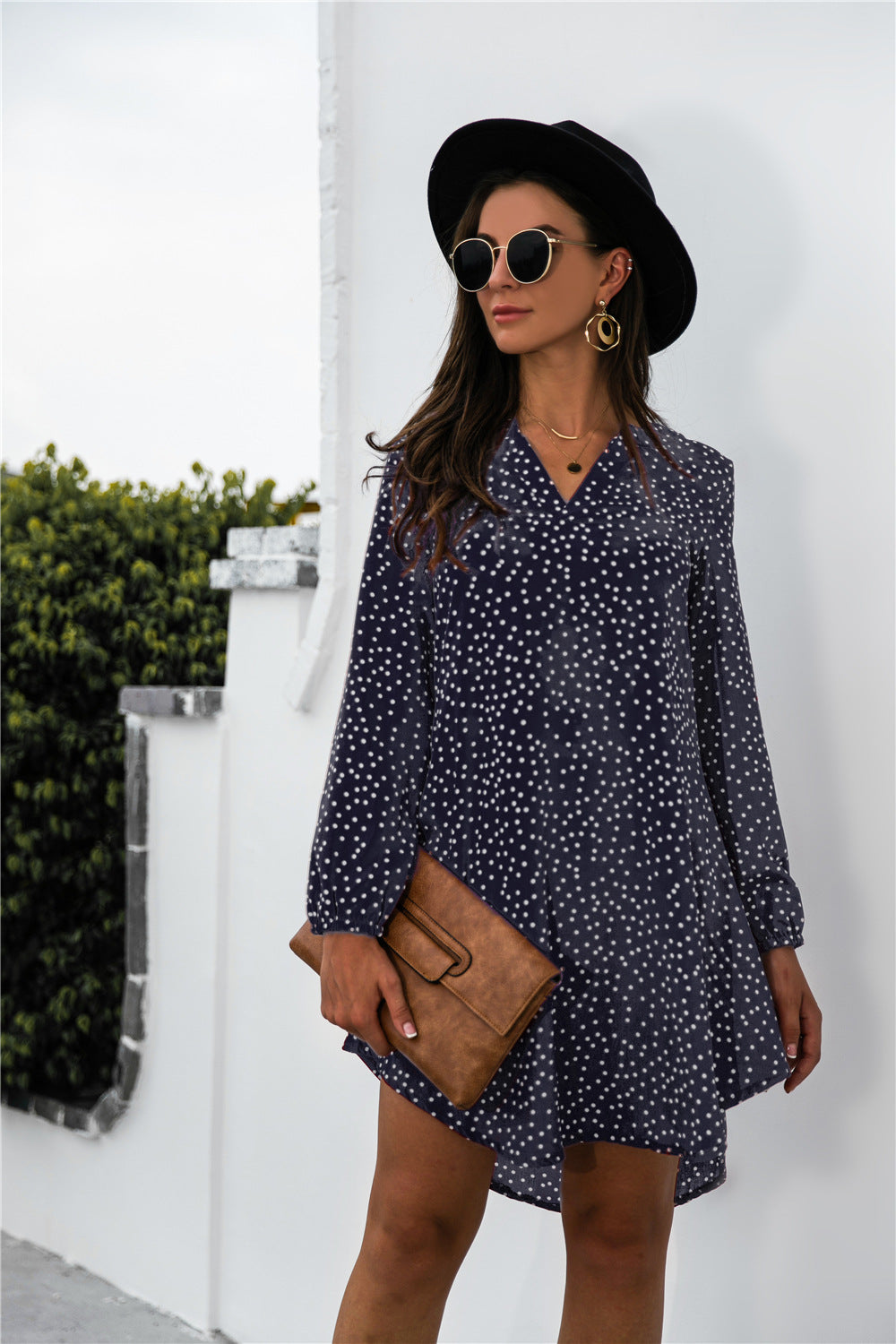 Women's Polka Dot Long Puff Sleeve Shirt Dress