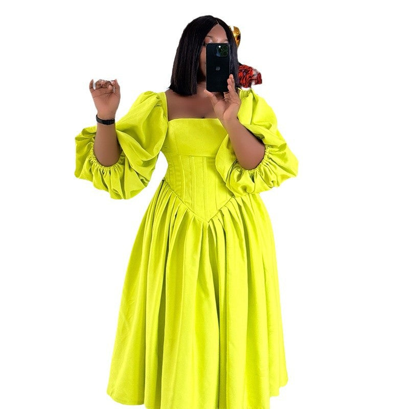 Women's Square Collar Lantern Sleeve High Waist Slimming A- Dresses
