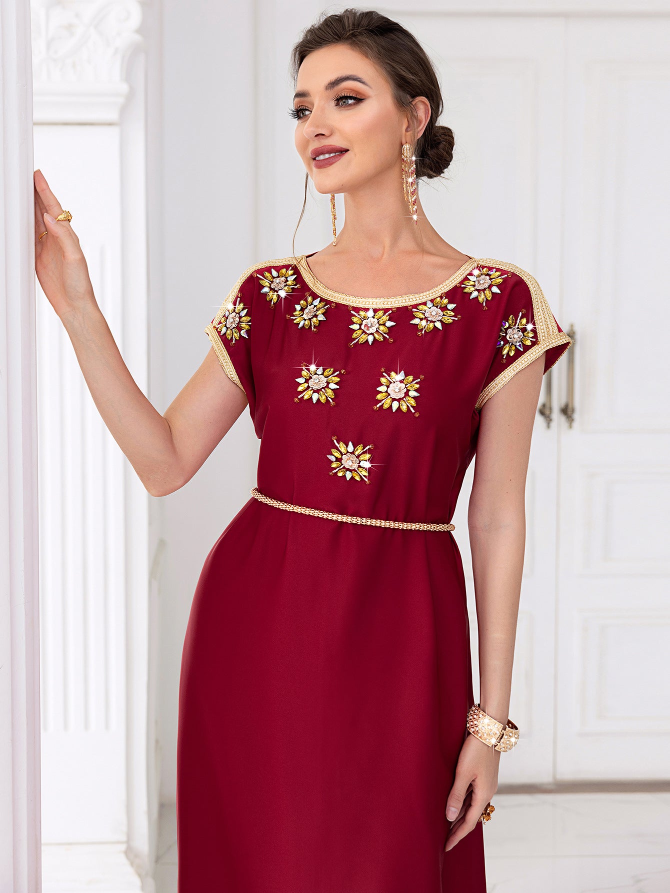 Wine Red Waal Satin Diamond Sleeve Dresses