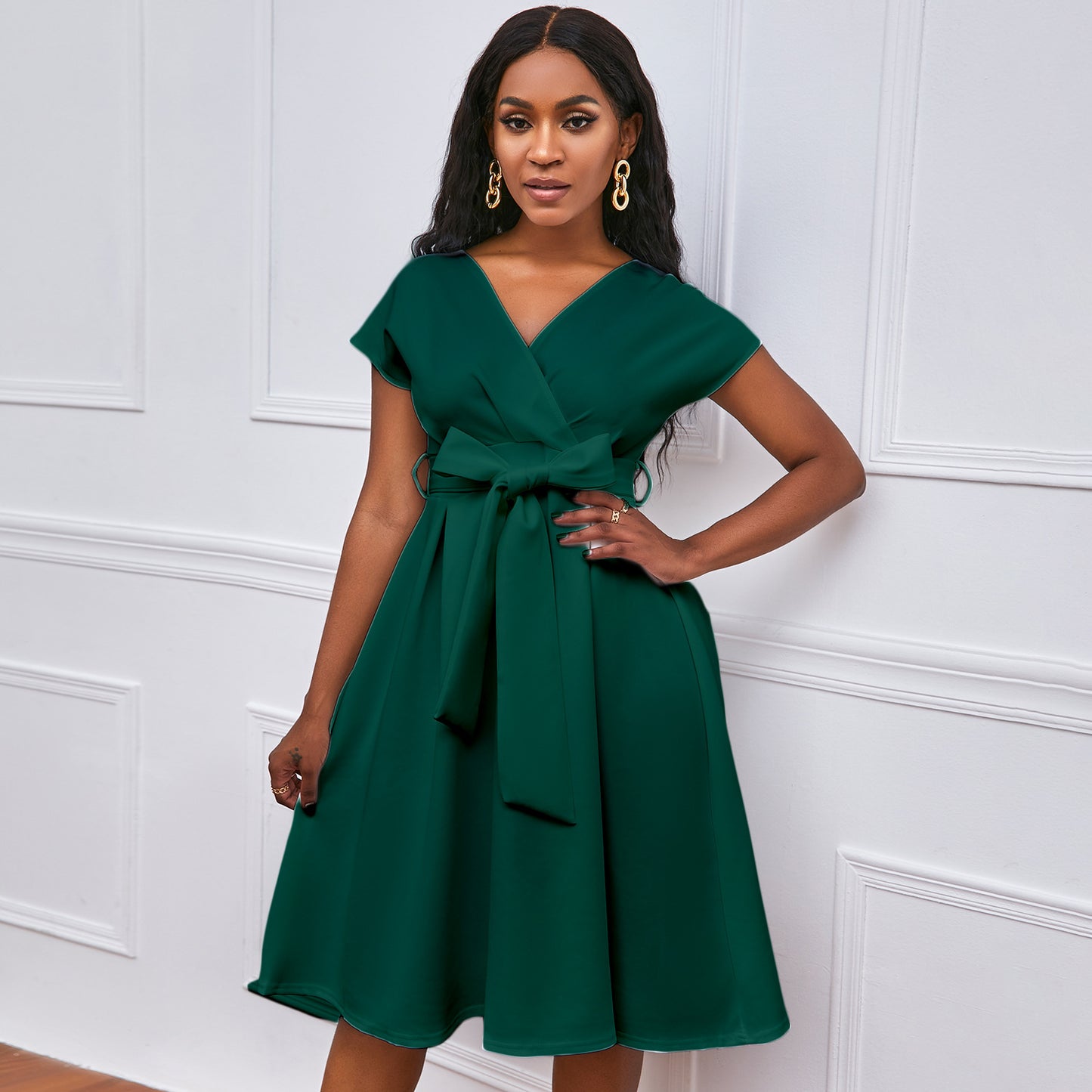 Color Waist Tight Bow Bandage Large Dress