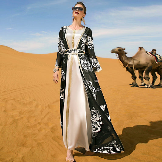 Women's Arabic Black White Flowers Two-piece Embroidery Dress Dresses