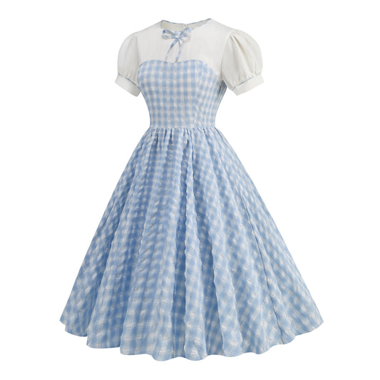 Style British Bubble Plaid Short-sleeved Umbrella Dresses