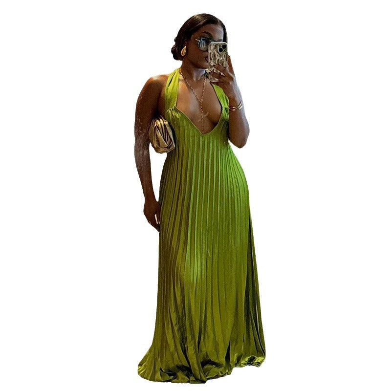 Women's Autumn Sweet Fresh Halter Backless Pleated Dresses