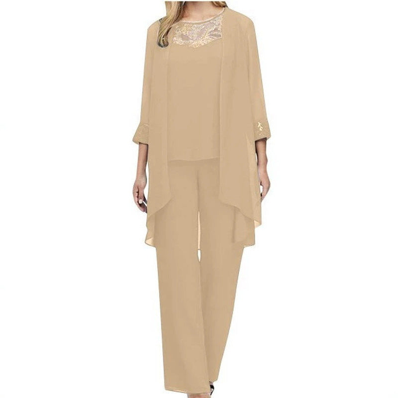 Women's Solid Color Slim Lace Stitching Three-piece Fashion Casual Suit
