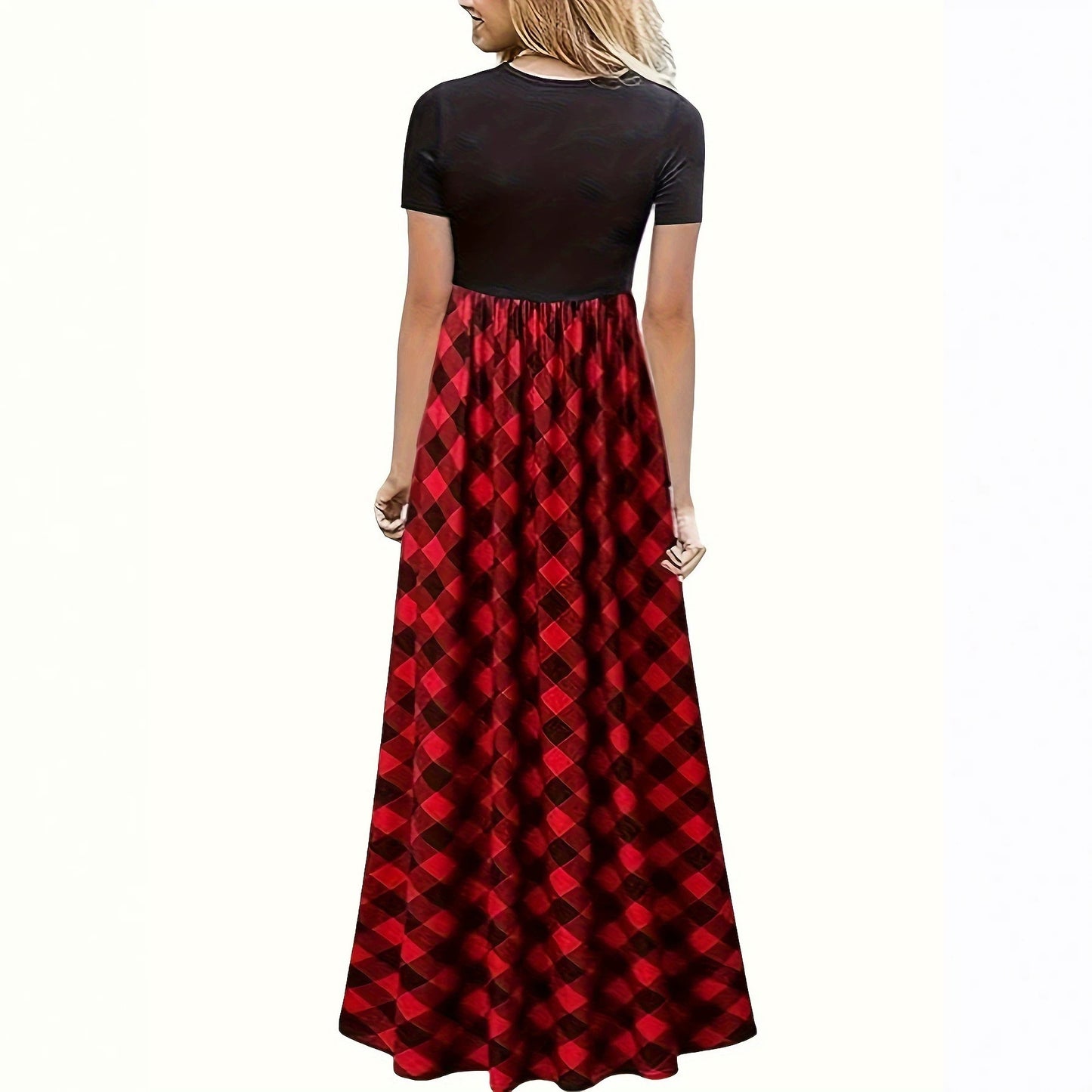 Women's Neck Stitching Contrast Color Check Fashion Casual Swing Dress