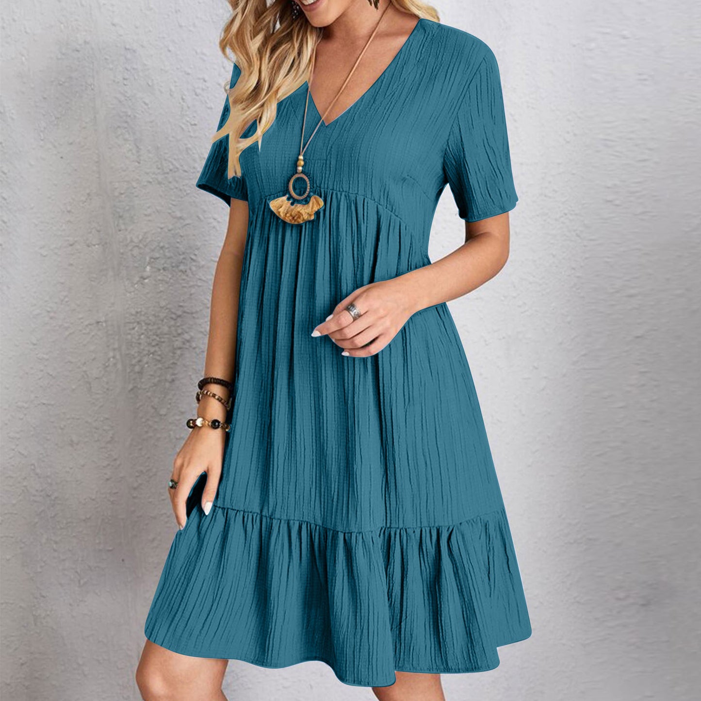 Women's Loose Solid Color Pleated Casual Lace Dress