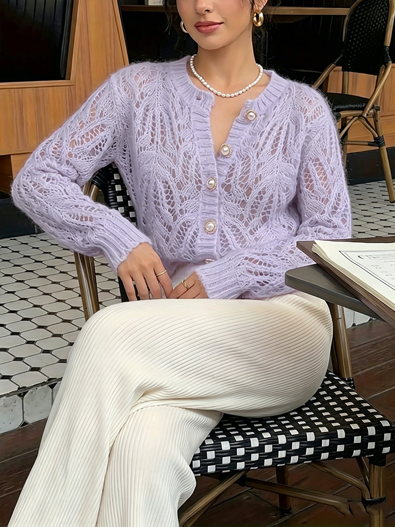 Women's Neck Pearl Buckle Design Solid Color Long Sleeve Slim Fit Women's Sweater