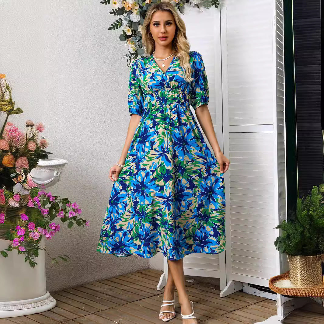 Classy Women's Summer Fashion Printed Waist Dress