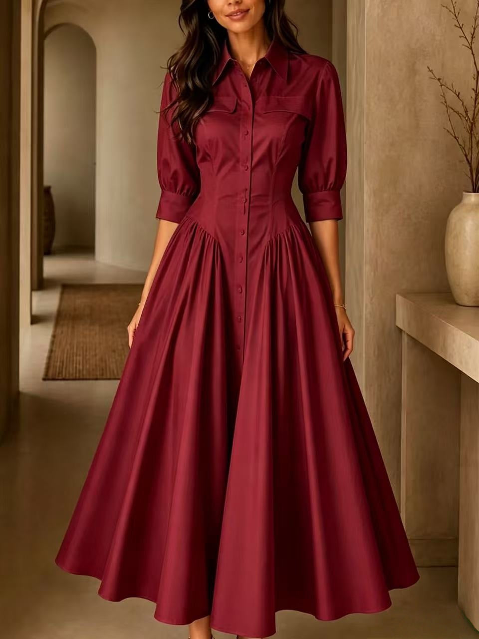 Linen Blended Breasted High Waist Pure Color Dress