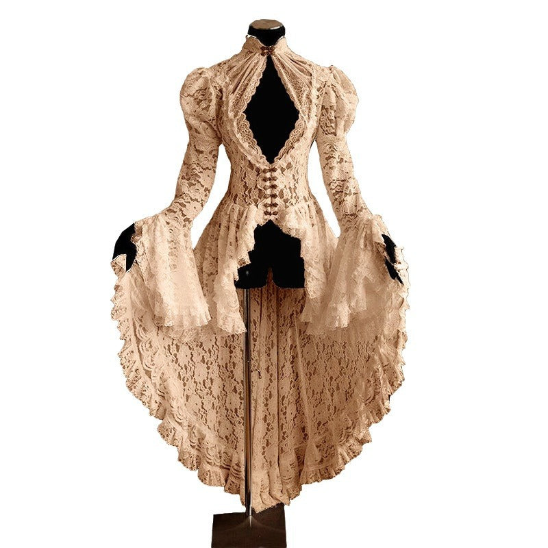 Vintage Lace Medieval Court Party Stitching Swallowtail Bell Sleeve Stand Clothing