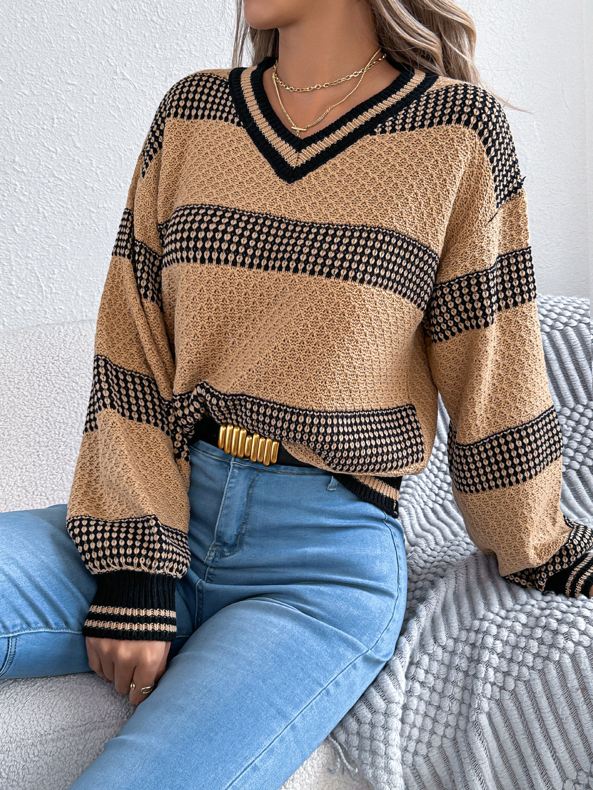 Women's Contrast Color Striped Lantern Long Sleeve Sweater