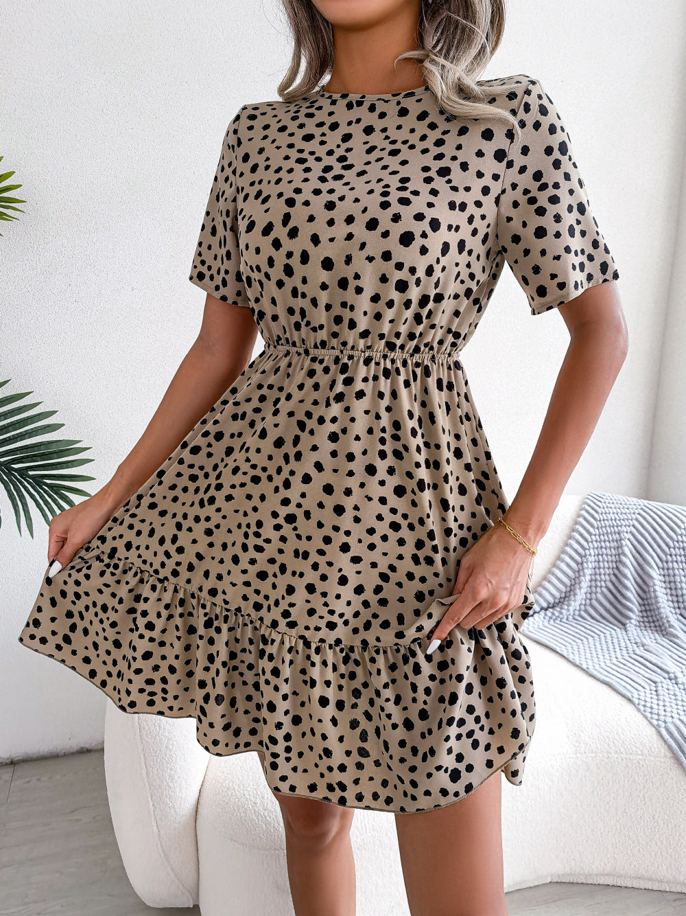 Women's Clearance Casual Polka-dot Cinched Ruffled Large Dress