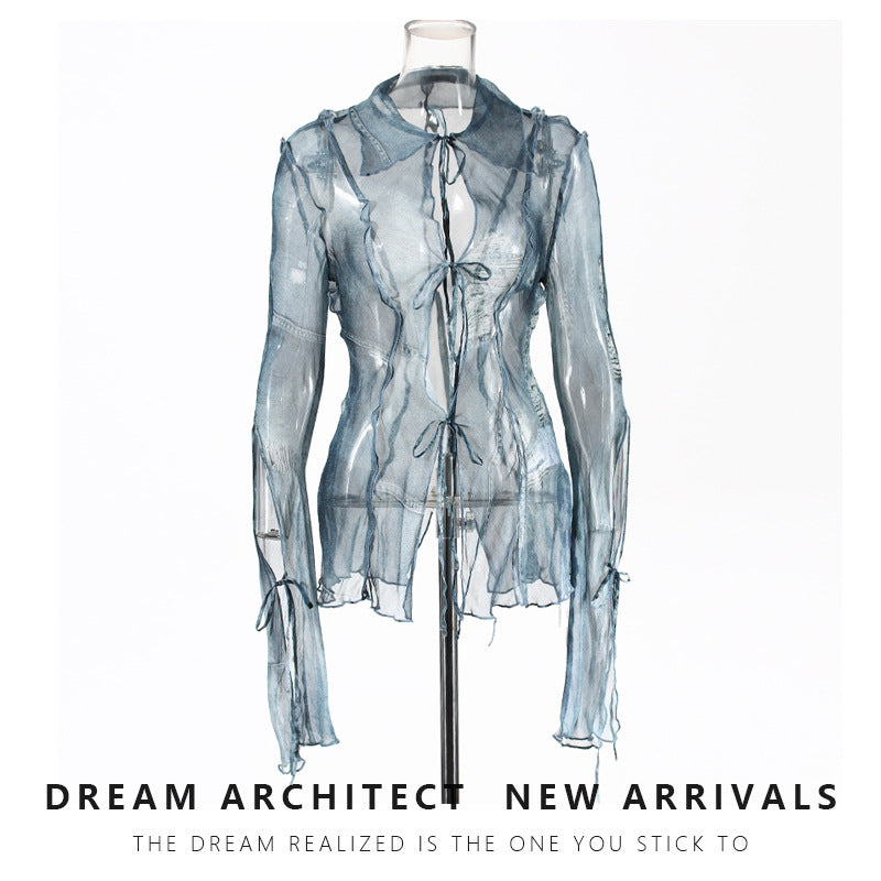 Ripped Denim Printing Shirt Female Hot Blouses
